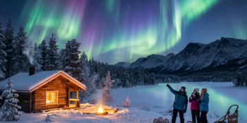 Nordlichter über einer verschneiten Landschaft in Lappland (FI).
