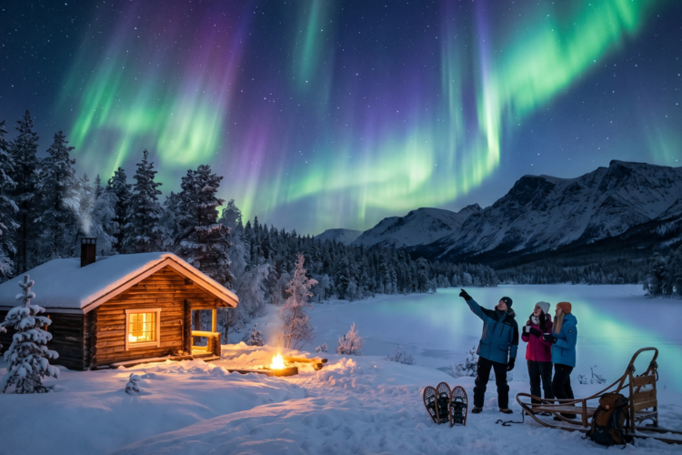 Nordlichter über einer verschneiten Landschaft in Lappland (FI).