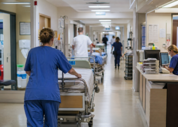 Krankenhausmitarbeiter im Flur unterwegs.