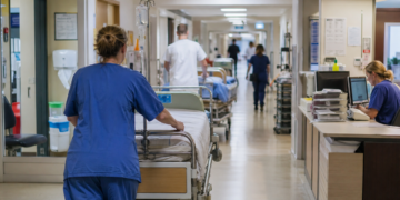 Krankenhausmitarbeiter im Flur unterwegs.