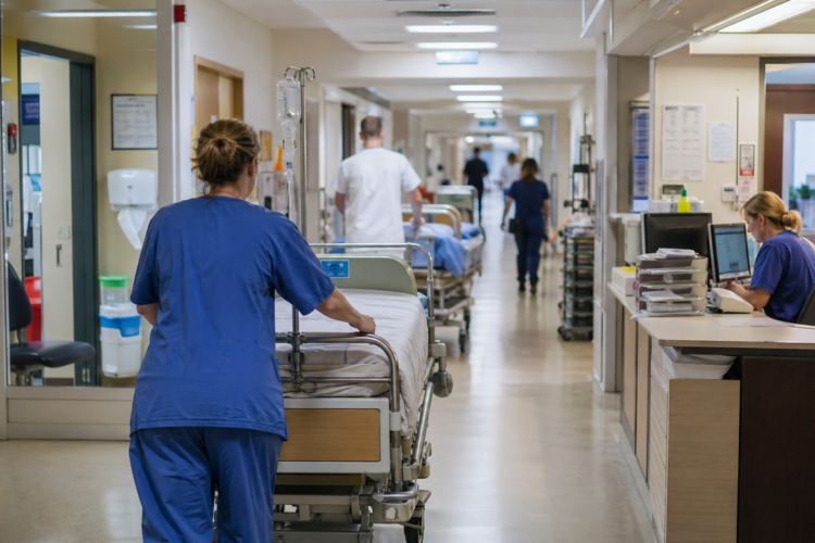 Krankenhausmitarbeiter im Flur unterwegs.