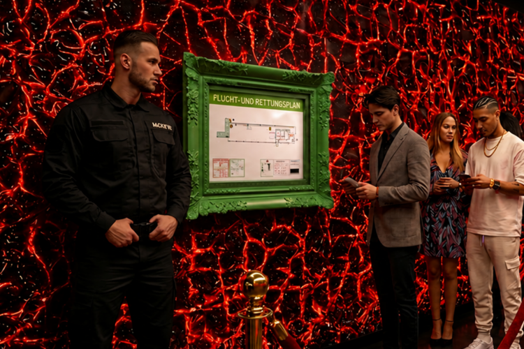 Sicherheitsbereich in einem Club mit Warteschlange, Security-Mitarbeiter und einem grün gerahmten Flucht- und Rettungsplan an einer rot beleuchteten Wand.