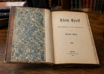 Antikes Buch „Klein Eyolf“ von Henrik Ibsen auf Holztisch in historischer Bibliotheksatmosphäre.