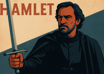 Stilisierte Illustration von Hamlet mit Schwert im Querformat.