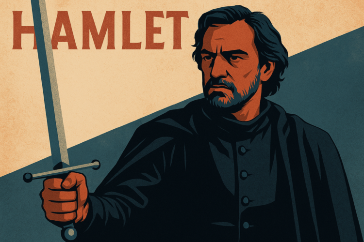 Stilisierte Illustration von Hamlet mit Schwert im Querformat.