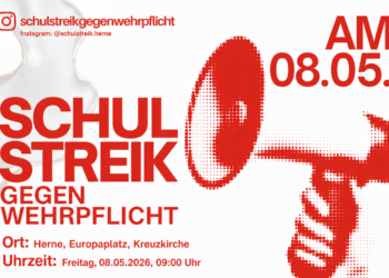 Plakat zum Schulstreik gegen Wehrpflicht am 08.05.2026 um 09:00 Uhr in Herne, Europaplatz, Kreuzkirche, mit Instagram-Hinweis @schulstreik.herne.