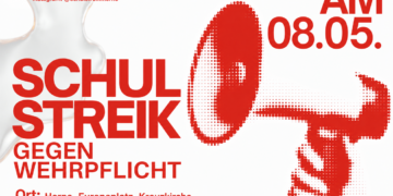 Plakat zum Schulstreik gegen Wehrpflicht am 08.05.2026 um 09:00 Uhr in Herne, Europaplatz, Kreuzkirche, mit Instagram-Hinweis @schulstreik.herne.