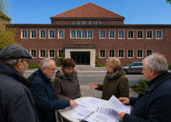 Altes Hallenbad Eickel in Herne mit Bürger:innen vor dem Gebäude bei der Prüfung von Unterlagen.