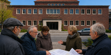 Altes Hallenbad Eickel in Herne mit Bürger:innen vor dem Gebäude bei der Prüfung von Unterlagen.