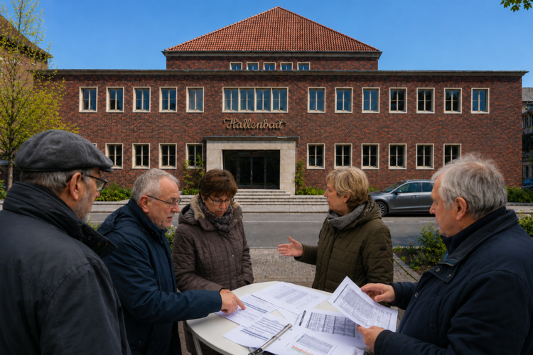 Altes Hallenbad Eickel in Herne mit Bürger:innen vor dem Gebäude bei der Prüfung von Unterlagen.