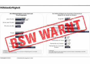 Grafik zur Hilfebedürftigkeit nach Personengruppen und Haushaltstypen mit rotem Stempel „BSW WARNT“.