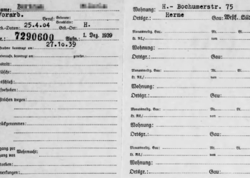 Vom Nationalarchiv der Vereinigten Staaten gescannte NSDAP-Mitgliedskarte eines Bürgers aus Herne.