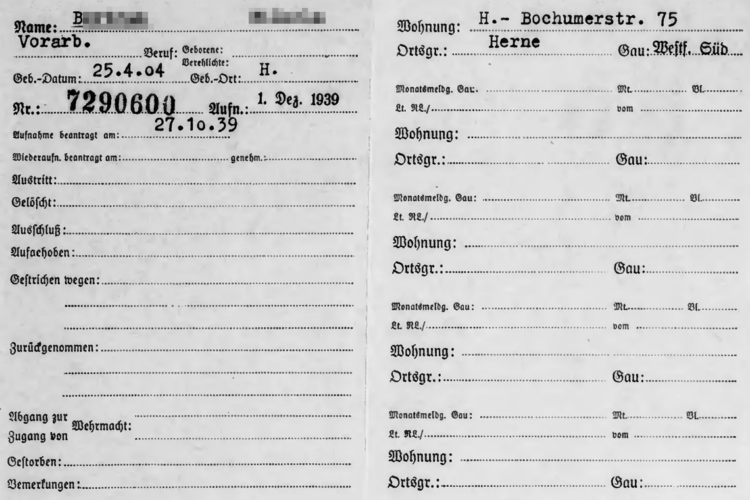 Vom Nationalarchiv der Vereinigten Staaten gescannte NSDAP-Mitgliedskarte eines Bürgers aus Herne.