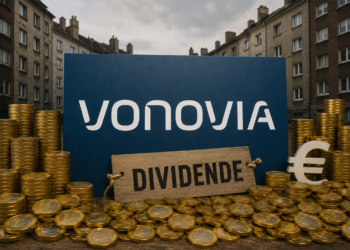 Vonovia in Herne: BSW kritisiert Dividendenpolitik Großes Vonovia-Schild zwischen alten Ruhrgebiets-Mietshäusern, umgeben von Euro-Münzen und Dividenden-Symbolik.
