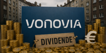 Großes Vonovia-Schild zwischen alten Ruhrgebiets-Mietshäusern, umgeben von Euro-Münzen und Dividenden-Symbolik.