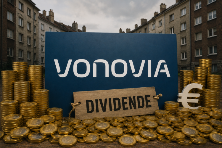 Vonovia in Herne: BSW kritisiert Dividendenpolitik Großes Vonovia-Schild zwischen alten Ruhrgebiets-Mietshäusern, umgeben von Euro-Münzen und Dividenden-Symbolik.