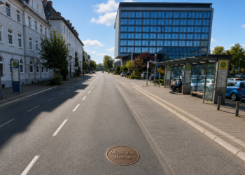 Flächenschwerpunkt Herne: Wo liegt die Mitte der Stadt? Straßenszene am Friedrich-Ebert-Platz in Herne mit Bushaltestelle, Sparkassen-Hochhaus und Bronzeplatte „Mitte von Herne“ auf der Fahrbahn.