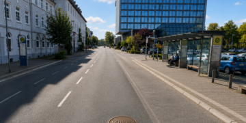 Flächenschwerpunkt Herne: Wo liegt die Mitte der Stadt? Straßenszene am Friedrich-Ebert-Platz in Herne mit Bushaltestelle, Sparkassen-Hochhaus und Bronzeplatte „Mitte von Herne“ auf der Fahrbahn.