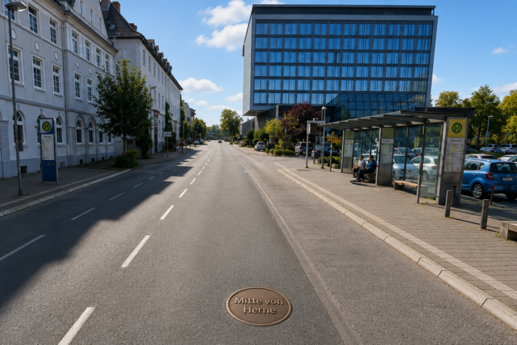 Straßenszene am Friedrich-Ebert-Platz in Herne mit Bushaltestelle, Sparkassen-Hochhaus und Bronzeplatte „Mitte von Herne“ auf der Fahrbahn.