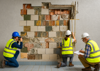 Drei Gutachter in Warnwesten dokumentieren ein fehlendes Mosaik in einem leerstehenden Hallenbad durch Vermessung, Fotografie und Skizze.