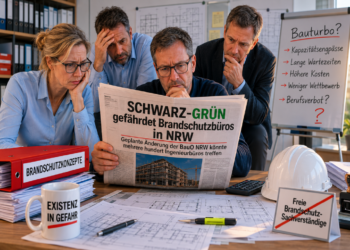 Besorgte Brandschutzplaner:innen lesen Zeitung zu geplanter BauO-NRW-Änderung und möglichen Folgen für freie Brandschutzbüros.
