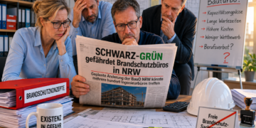 Besorgte Brandschutzplaner:innen lesen Zeitung zu geplanter BauO-NRW-Änderung und möglichen Folgen für freie Brandschutzbüros.