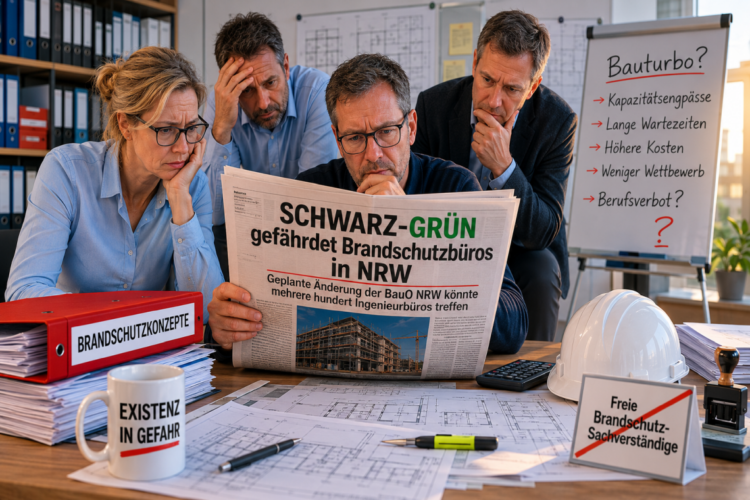 Besorgte Brandschutzplaner:innen lesen Zeitung zu geplanter BauO-NRW-Änderung und möglichen Folgen für freie Brandschutzbüros.