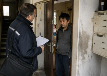 Gerichtsvollzieher besucht eine anonymisierte Schuldnerperson in einem schlichten Wohnhaus im Ruhrgebiet.