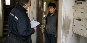 Gerichtsvollzieher besucht eine anonymisierte Schuldnerperson in einem schlichten Wohnhaus im Ruhrgebiet.