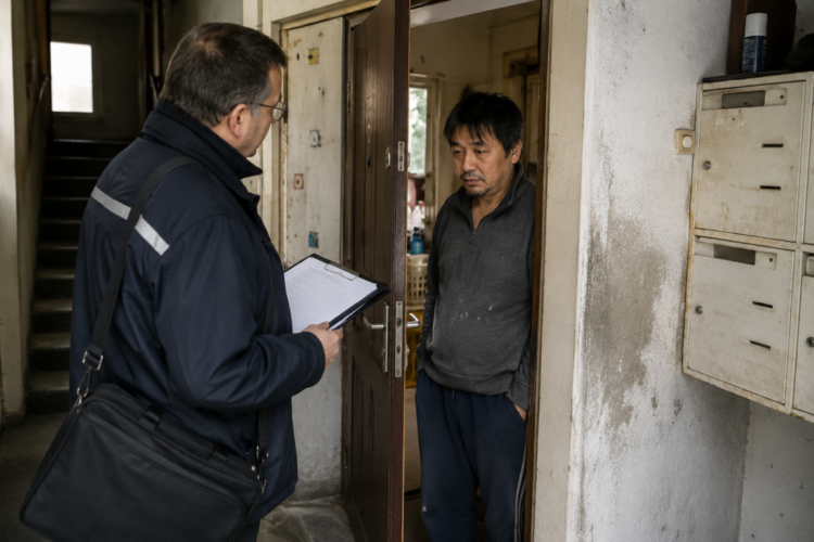 Gerichtsvollzieher besucht eine anonymisierte Schuldnerperson in einem schlichten Wohnhaus im Ruhrgebiet.
