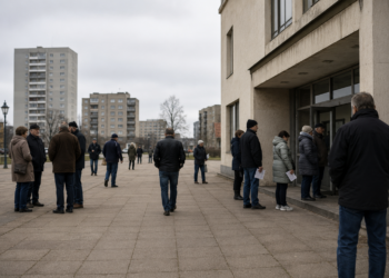 Warum der „Mimimi-Osten“ so häufig AfD wählt Anonyme Wähler:innen vor einem öffentlichen Gebäude in einer ostdeutschen Stadt mit typischer Nachkriegsarchitektur.