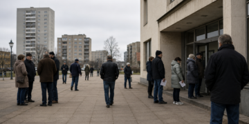 Warum der „Mimimi-Osten“ so häufig AfD wählt Anonyme Wähler:innen vor einem öffentlichen Gebäude in einer ostdeutschen Stadt mit typischer Nachkriegsarchitektur.