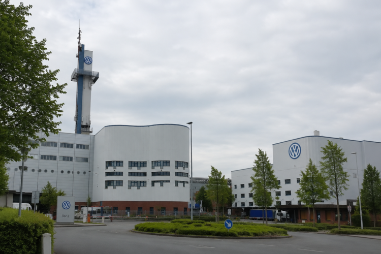Volkswagen-Werk in Osnabrück unter bedecktem Himmel.