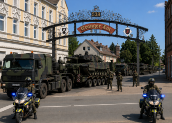 Panzer auf dem Cranger Kirmesplatz? Dafür bekommt Herne Millionen aus dem Sondervermögen? Bundeswehrkonvoi mit Leopard-2-Panzern, bewaffneten Soldat:innen und Feldjäger-Motorradstreife am Cranger Kirmestor in Herne-Wanne.