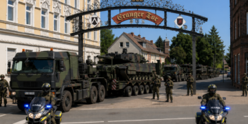 Bundeswehrkonvoi mit Leopard-2-Panzern, bewaffneten Soldat:innen und Feldjäger-Motorradstreife am Cranger Kirmestor in Herne-Wanne.