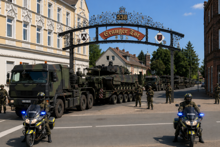 Panzer auf dem Cranger Kirmesplatz? Dafür bekommt Herne Millionen aus dem Sondervermögen? Bundeswehrkonvoi mit Leopard-2-Panzern, bewaffneten Soldat:innen und Feldjäger-Motorradstreife am Cranger Kirmestor in Herne-Wanne.