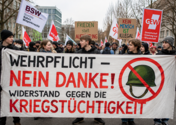 Junge Demonstrant:innen protestieren mit einem großen Banner gegen Wehrpflicht und Kriegstüchtigkeit; im Hintergrund sind weitere Teilnehmende mit Friedens- und Gewerkschaftsschildern zu sehen.