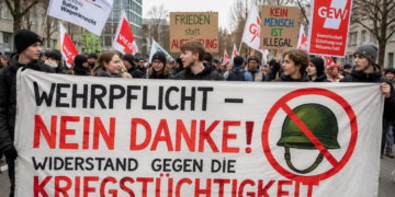 Junge Demonstrant:innen protestieren mit einem großen Banner gegen Wehrpflicht und Kriegstüchtigkeit; im Hintergrund sind weitere Teilnehmende mit Friedens- und Gewerkschaftsschildern zu sehen.