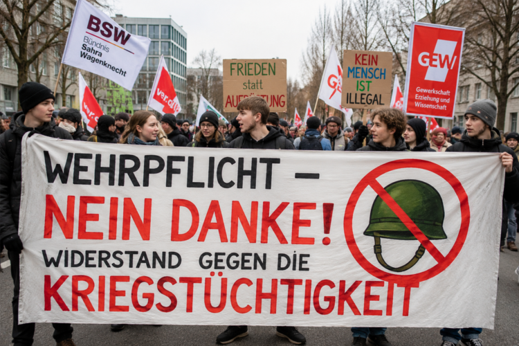 Junge Demonstrant:innen protestieren mit einem großen Banner gegen Wehrpflicht und Kriegstüchtigkeit; im Hintergrund sind weitere Teilnehmende mit Friedens- und Gewerkschaftsschildern zu sehen.
