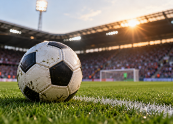 Fußball auf dem Rasen in einem gut besuchten Stadion bei warmem Abendlicht.