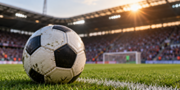 Bundesliga nach dem 2. Spieltag: Augsburg stürmt an die Spitze, Bayern lässt Punkte liegen Fußball auf dem Rasen in einem gut besuchten Stadion bei warmem Abendlicht.