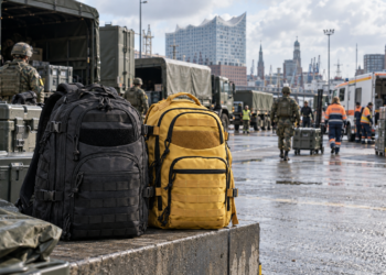 Krieg? – „Dann geh doch zu Netto!“: Red Storm Charlie im Discounter Ein schwarzer und ein gelber Notfallrucksack stehen im Vordergrund einer Hamburger Hafen- und Logistikszene; im Hintergrund befinden sich Militärfahrzeuge, anonyme Soldat:innen und Einsatzkräfte vor der Stadtkulisse.