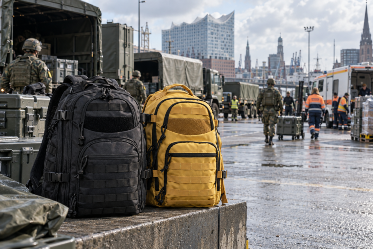Ein schwarzer und ein gelber Notfallrucksack stehen im Vordergrund einer Hamburger Hafen- und Logistikszene; im Hintergrund befinden sich Militärfahrzeuge, anonyme Soldat:innen und Einsatzkräfte vor der Stadtkulisse.