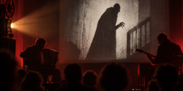Zwei Musiker begleiten eine Stummfilmprojektion mit einer Vampirgestalt vor Publikum.