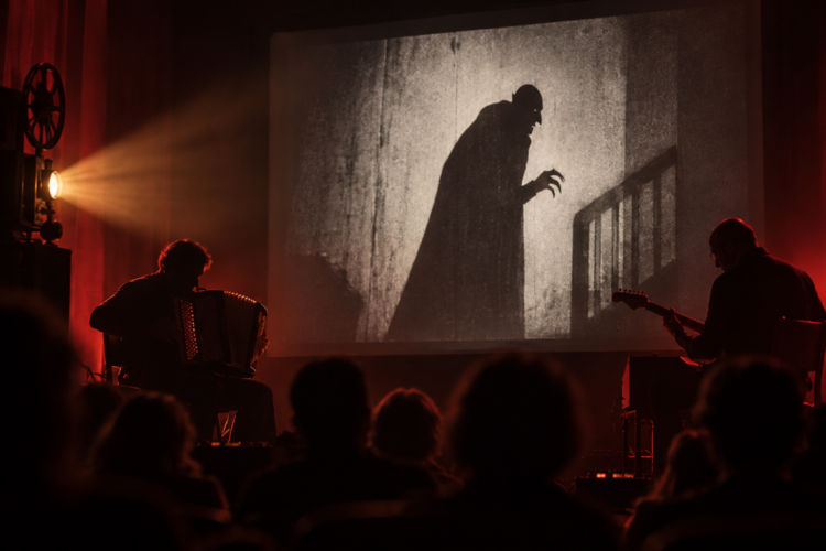 Zwei Musiker begleiten eine Stummfilmprojektion mit einer Vampirgestalt vor Publikum.