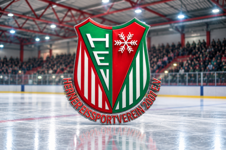 Dreidimensionales HEV-Wappen in einer Eishalle mit Eisfläche und Zuschauertribünen.