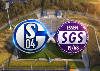 Schalke gegen SGS Essen: Pokalderby live bei DFB.TV FC Schalke 04 gegen SGS Essen vor dem Parkstadion in Gelsenkirchen in goldener Abendstimmung.
