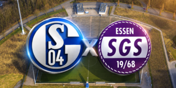 FC Schalke 04 gegen SGS Essen vor dem Parkstadion in Gelsenkirchen in goldener Abendstimmung.