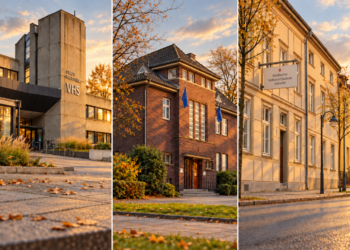 vhs-finanzkrise: Kommt nach dem Spardruck die Beitragsrechnung? – Honorarkräfte werden zum Milliardenrisiko Bildmontage der Gebäude in Herne, Gladbeck und Stendal mit VHS-Beschriftung, blauen Fahnen und Volkshochschulschild.