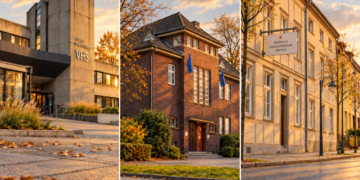 Bildmontage der Gebäude in Herne, Gladbeck und Stendal mit VHS-Beschriftung, blauen Fahnen und Volkshochschulschild.